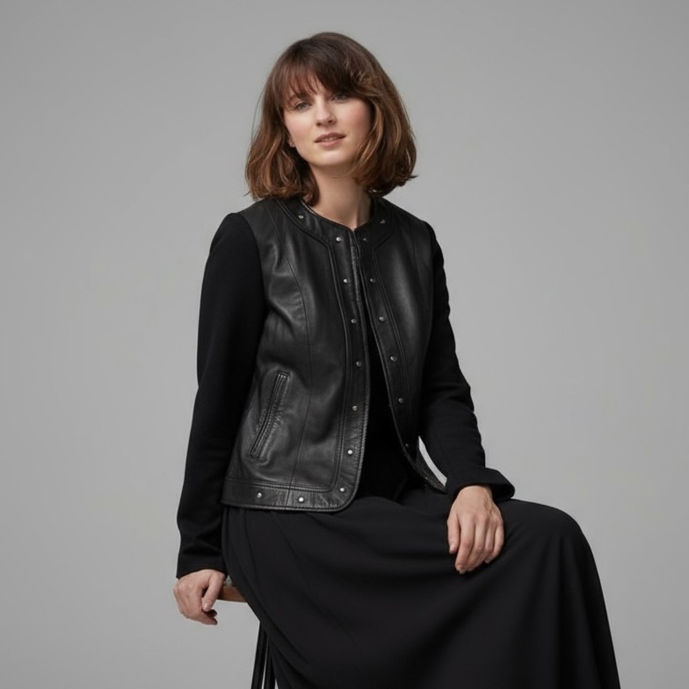 Nygard Collection Black Leather Knit Sleeve Zip Front Jacket Size M